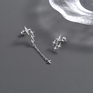 Asymmetrical S925 silver star tassel earrings with micro-set zircon for women