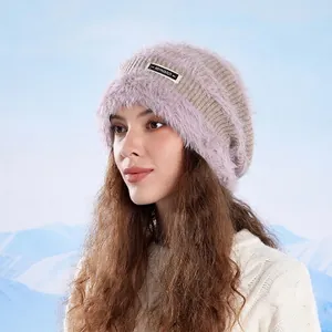 Winter Slouchy Beanie Hat Acrylic Knitted Warm Faux Fur Lining Windproof Ear Protection Fashion Outdoor