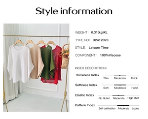 Tableau détaillé montrant des pulls ajourés amples en blanc, beige, vert et rouge