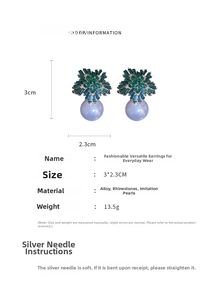 Detailed view of green rhinestone and pearl earrings showing dimensions of 3cm by 2.3cm