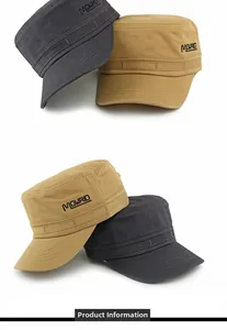 Detalle de gorras militares de algodón en caqui y gris con bordado lateral elegante