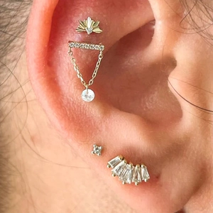 S925 Sterling Silver Gold Chain Tassel Piercing Studs with Sparkling Zirconia Accents