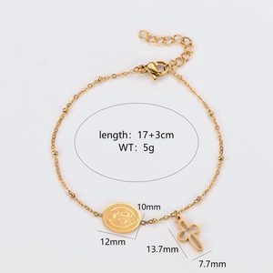 Vintage gold stainless steel chain bracelet with St. Benedict medal and cross charms