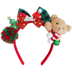 Christmas plush bear headband with red plaid bow and Merry Christmas text decor