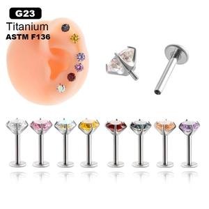 G23 Titanium Labret Stud Cartilage Earring Internally Threaded Round Zircon Flat Back Piercing Jewelry For Men Women