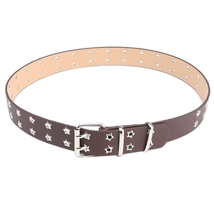 Dark brown PU leather punk belt with star rivets and double-prong metal buckle