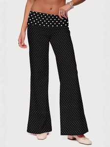 Polka dot wide-leg trousers with fold-over waist and loose casual fit for women