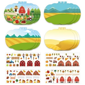 Detail view of pumpkin farm harvest scene stickers and DIY background cards for kids