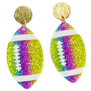 Rainbow glitter football earrings with acrylic texture and golden ear studs on white background