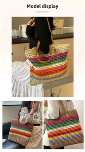 Three views of a large rainbow straw tote bag with brown leather handles for beach vacation