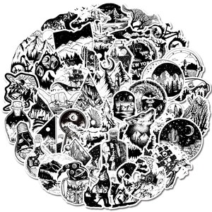 Detail of outdoor adventure and nature-themed black and white gothic graffiti stickers
