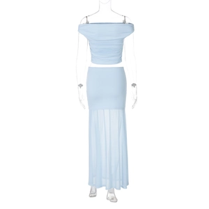 Detail of light blue off-shoulder top and mesh paneled skirt set for women