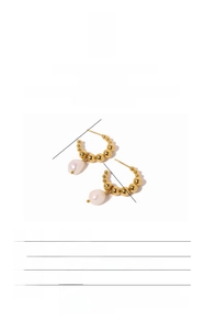 Detail card of 2cm gold C-shape steel bead earrings with hanging baroque freshwater pearls