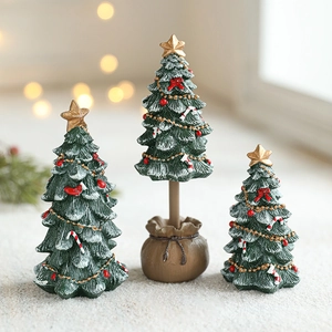 Miniature Christmas Tree Resin Desktop Ornament With Snow Flocked Red Bow Gold Star Candy Cane Festive Home Decoration