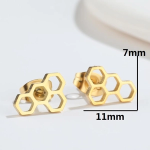 Gold stainless steel honeycomb geometric stud earrings minimalist style dimensions 11x7mm