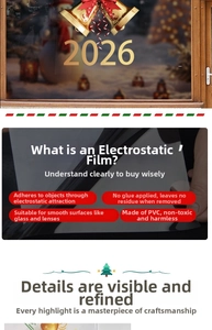 Detail of Christmas bell static stickers showing PVC material and glue-free adsorption