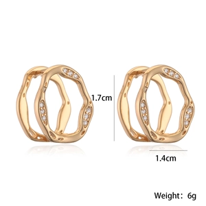 Gold irregular geometric hoop earrings with zircon studs and product dimensions