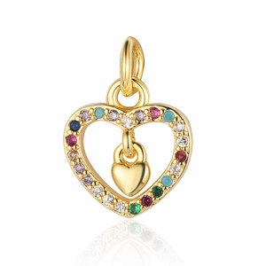 Detailed view of a golden hollow heart pendant with multi-colored gemstones and inner charm