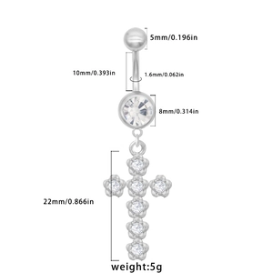 Detailed dimension guide for silver stainless steel belly ring with crystal cross pendant