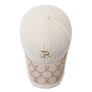 Lambswool baseball cap with gold R-letter logo and rhinestone chain brim detail