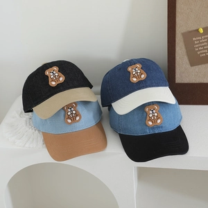 Kids Baseball Cap Denim Bear Embroidery Contrast Color Curved Brim Adjustable Sun Hat Casual Style