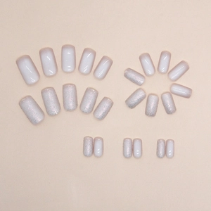 White glitter and gradient pink medium square press-on nails set in elegant chic style