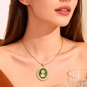 French vintage cameo pendant necklace with green portrait and pearls on gold chain