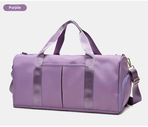 Detail view of purple yoga fitness bag with waterproof nylon and side shoe compartment