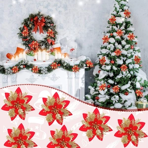 Detail of red and gold artificial poinsettia flowers with glitter for Christmas tree decor