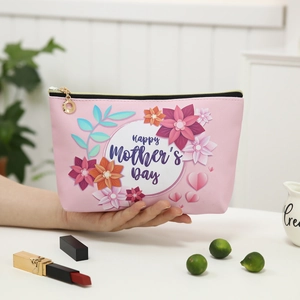 Floral waterproof PU makeup bag with Happy Mother's Day print and gold zipper detail