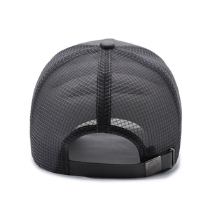 Deep grey mesh trucker hat with adjustable metal buckle for outdoor summer sun protection
