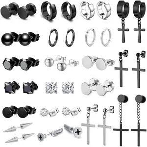 20 pairs of stainless steel stud earrings set for men and women in black and silver finishes