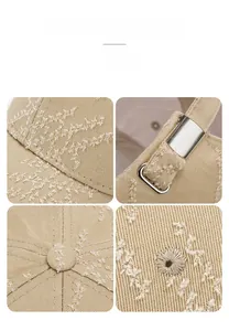 Detail view of khaki distressed cotton baseball cap showing metal buckle and worn edges