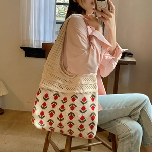 Women Knit Tote Bag Crochet Strawberry Floral Pattern Hollow Out Summer Beach Casual Style Polyester Shoulder Bag