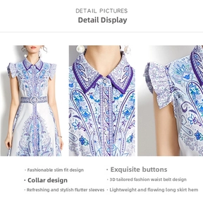 Detail view of paisley print dress showing lapel collar, flutter sleeves and waist belt