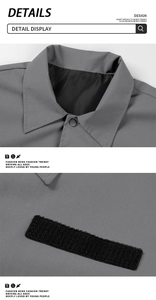 Detailansicht der grauen Twill-Hemdjacke mit Reverskragen und schwarzen Klettverschluss-Details
