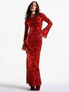 Long-sleeved dark red floral maxi dress with round neck and elegant sheer fabric