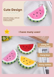 Macro detail of plush watermelon coin purses with colorful linings and zipper closures