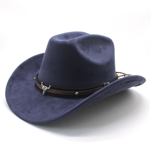 Detail of navy blue felt cowboy hat with silver bull head ornament and leather band