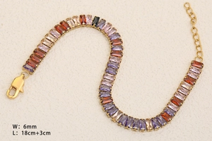 Close-up of 18K gold plated bracelet with colorful rectangular cubic zirconia in prong setting