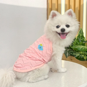 Close-up of pink breathable hollow pet vest with blue cloud patch on a white Pomeranian