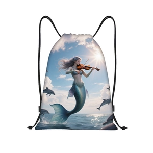 Detail showing the mermaid playing violin print on durable oxford drawstring bag