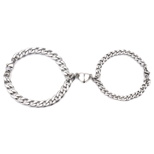 Polished stainless steel Cuban link bracelets with magnetic heart charm for couples