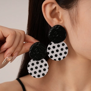 Retro Geometric Round Drop Earrings With Black And White Polka Dot Acrylic Alloy And Silver Earring Post For Women
