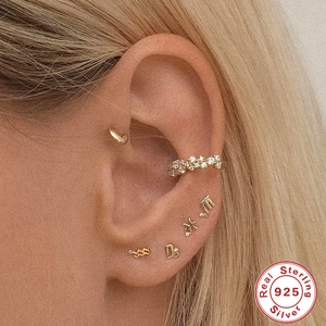 S925 Sterling Silver Gold Zodiac Stud Earrings Set with Pave Zircon Ear Cuff on Ear