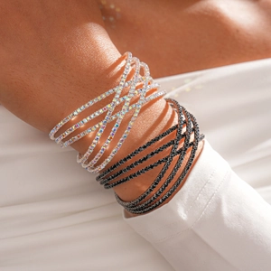 Multi Layer Rhinestone Cross Bangle Bracelet Geometric Open Iron Cuff Minimalist Sparkling Jewelry For Women