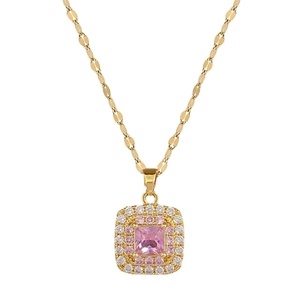 Titanium steel jewelry set featuring a pink square gem pendant and matching earrings