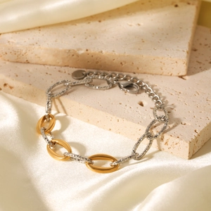 Stainless Steel Two Tone Chain Bracelet Gold Silver Hammered Textured Link Adjustable INS Minimalist For Women