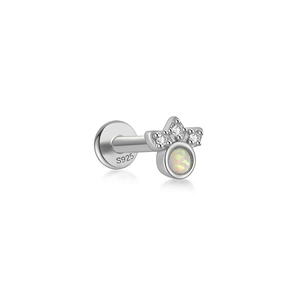 Macro shot of S925 sterling silver opal cartilage stud with three tiny zircon stones
