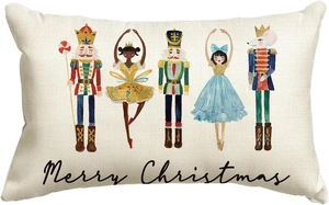 Linen Christmas pillowcase featuring Nutcracker characters and Merry Christmas text